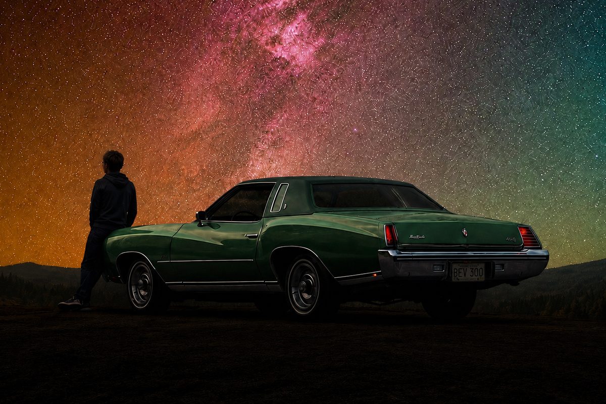 A figure leaning against a 1973 Monte Carlo, looking up at the Milky Way