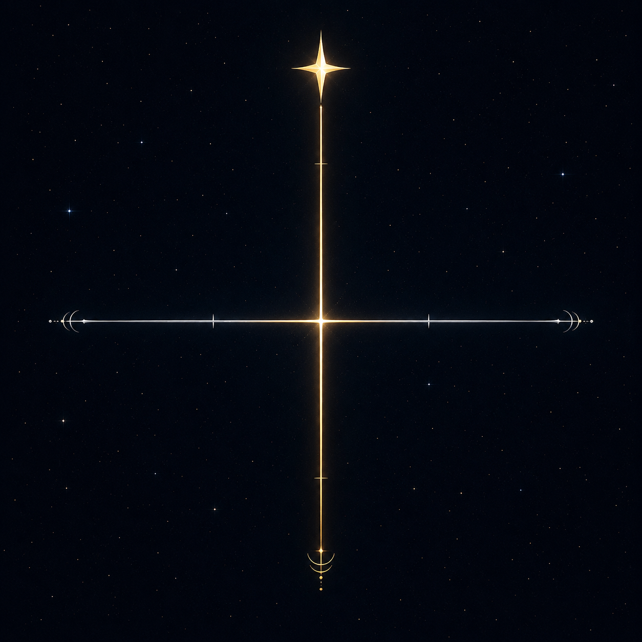 A minimalist vector compass with a silver horizontal axis and a glowing gold vertical axis pointing to a four-pointed star.